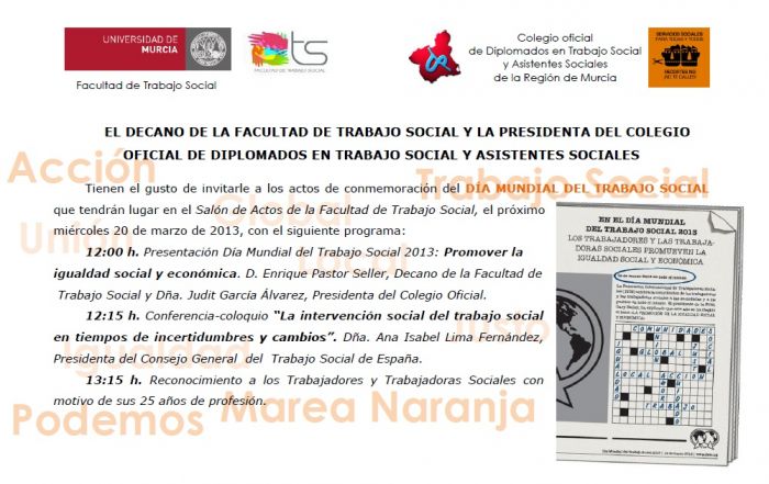 Invitación a la celebración del Día Mundial del Trabajo Social "La Promoción de la Igualdad Social y Económica"