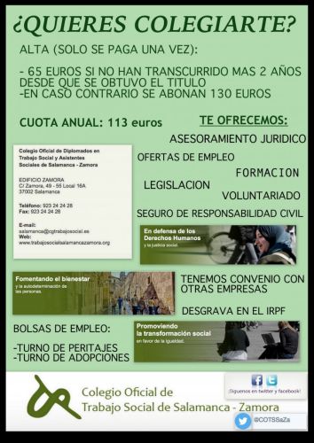 ¿HAS ACABADO EL GRADO DE TRABAJO SOCIAL O ESTÁS A PUNTO DE ACABARLO? ¿QUIERES ESTAR AL DÍA DE OFERTAS DE EMPLEO, CURSOS, ACTUALIDAD DE LA PROFESIÓN? EL COLEGIO OFICIAL DE TRABAJO SOCIAL DE SALAMANCA-ZAMORA ES TU SITIO.